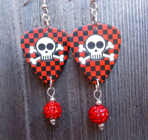 Skull and Crossbones on Checkered Background Guitar Pick Earrings with Red Pave Bead Dangles