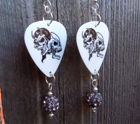 Angel and Devil Skull Guitar Pick Earrings with Grey Pave Bead Dangles
