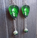 Green Smokey Skull Guitar Pick Earrings with Ombre Pave Bead Dangles