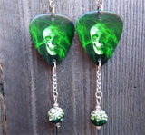 Green Smokey Skull Guitar Pick Earrings with Ombre Pave Bead Dangles