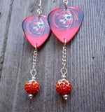 Red Dragon Wrapped Around A Skull Guitar Pick Earrings with Ombre Pave Beads