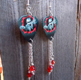 Skeleton Flipping the Bird Guitar Pick Earrings with Red Swarovski Crystal Dangles