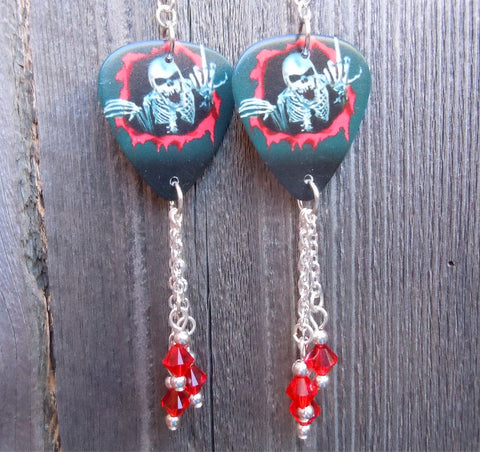 Skeleton Flipping the Bird Guitar Pick Earrings with Red Swarovski Crystal Dangles