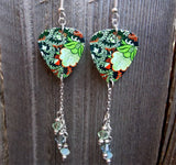 Black, Green and Orange Flowered Guitar Pick Earrings with Swarovski Crystal Dangles