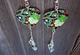 Black, Green and Orange Flowered Guitar Pick Earrings with Swarovski Crystal Dangles