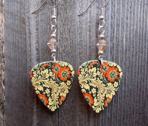 Orange Flowers and Leaves on a Black Background Guitar Pick Earrings with Swarovski Crystals