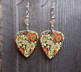 Orange Flowers and Leaves on a Black Background Guitar Pick Earrings with Swarovski Crystals