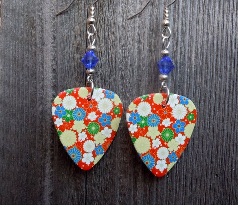 Flowered Guitar Pick Earrings with Blue Swarovski Crystals