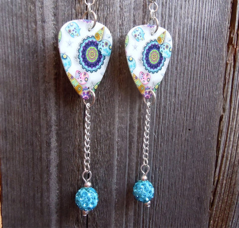 Under The Sea Design Guitar Pick Earrings with Aqua Blue Pave Bead Dangles