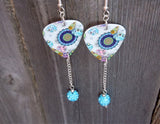 Under The Sea Design Guitar Pick Earrings with Aqua Blue Pave Bead Dangles