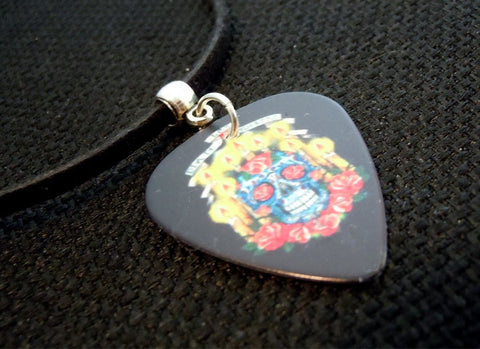 Sugar Skull and Candles Guitar Pick Necklace on Black Suede Cord