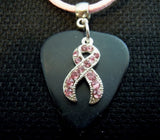 Pink Ribbon Crystal Charm with a Black Guitar Pick Necklace on Pink Suede Cord