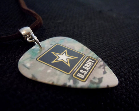 U.S. Army Camo Guitar Pick Necklace on Brown Suede Cord