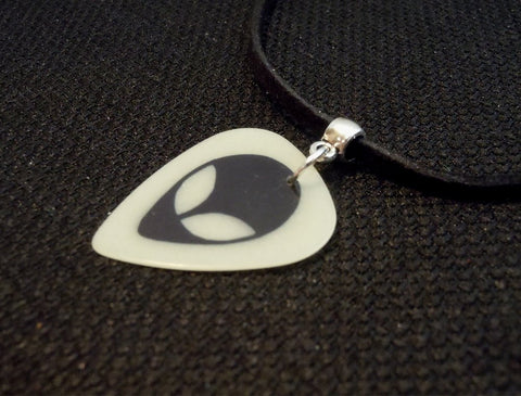 Alien Head on Glow in the Dark Guitar Pick Necklace with a Black Suede Cord