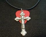Large Crucifix Charm on Red Matte Guitar Pick Necklace with Black Suede Cord