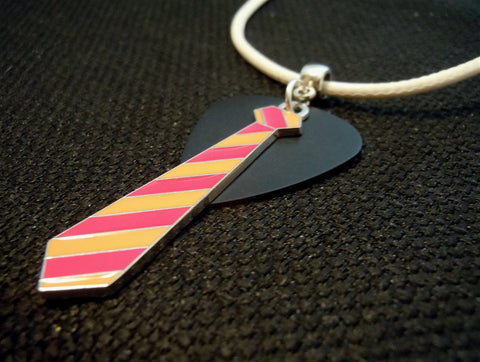 Orange and Pink Tie with a Black Guitar Pick on a White Rolled Cord Necklace