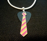 Orange and Pink Tie with a Black Guitar Pick on a White Rolled Cord Necklace