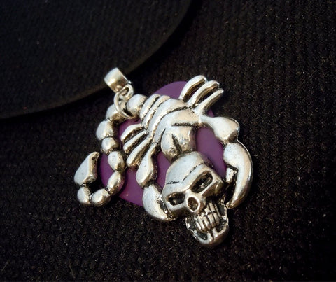 Skull Scorpion with a Purple Guitar Pick on a Black Suede Cord Necklace