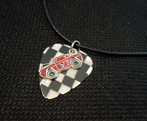 Red Race Car Charm with a Checkered Guitar Pick on a Rolled Black Leather Cord Necklace