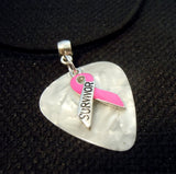 Pink Ribbon Survivor Charm on White MOP Guitar Pick Necklace on Black Suede Cord