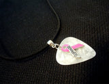 Pink Ribbon Survivor Charm on White MOP Guitar Pick Necklace on Black Suede Cord