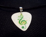 Green G Clef on White Guitar Pick Necklace with Black Suede Cord