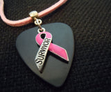 Pink Ribbon Survivor Charm with Black Guitar Pick Necklace on Pink Suede Cord