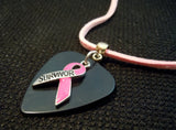 Pink Ribbon Survivor Charm with Black Guitar Pick Necklace on Pink Suede Cord