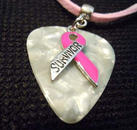 Pink Ribbon Survivor Charm on White MOP Guitar Pick Necklace with Pink Suede Cord
