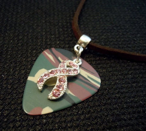 Pink Ribbon Crystal Charm on Camo Guitar Pick Necklace on Brown Suede Cord
