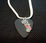 Red Race Car Charm on a Black Guitar Pick Necklace with White Suede Cord