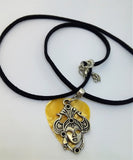 Masquerade Mask Charm with a Gold MOP Guitar Pick on a Black Suede Cord Necklace