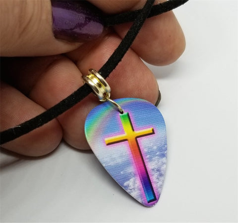 God's Promise Cross with Rainbow Guitar Pick Necklace with Black Suede Cord