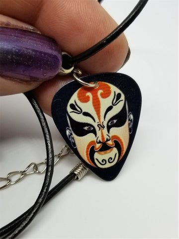 Chinese Opera Mask Guitar Pick on a Rolled Black Cord Necklace