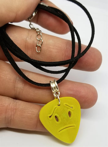 Frowny Face Emoji Cut Out Guitar Pick with Black Suede Cord Necklace