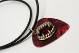 Fang Charm with a Red MOP Guitar Pick on a Rolled Black Leather Cord Necklace