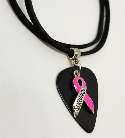 Pink Ribbon Survivor Charm on Black Guitar Pick Necklace on Black Suede Cord
