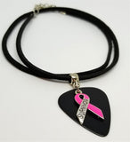 Pink Ribbon Survivor Charm on Black Guitar Pick Necklace on Black Suede Cord