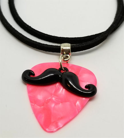 Black Mustache Charm with a Pink MOP Guitar Pick on a Black Suede Cord Necklace