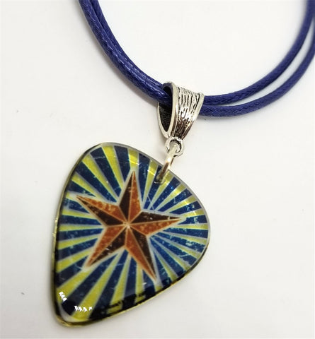 Star on A Transparent Guitar Pick Necklace on Rolled Blue Cord