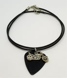 Motorcycle Charm with a Black Guitar Pick on a Rolled Black Leather Cord Necklace
