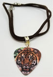 Tiger Guitar Pick Necklace on Brown Suede Cord