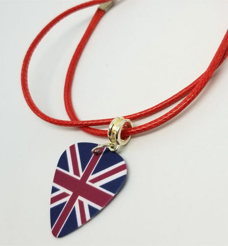 British Flag Guitar Pick Necklace on Red Rolled Cord