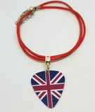 British Flag Guitar Pick Necklace on Red Rolled Cord