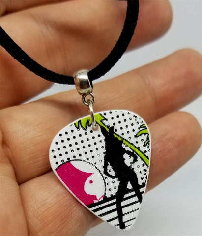 Playboy Bunny Silhouette Guitar Pick Necklace on Black Suede Cord