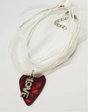 Love Text Charm on a Red MOP Guitar Pick and White Ribbon Necklace