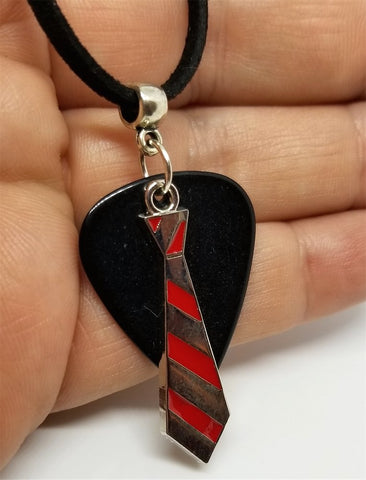 Silver and Red Tie with a Black Guitar Pick on a Black Suede Cord Necklace