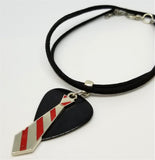 Silver and Red Tie with a Black Guitar Pick on a Black Suede Cord Necklace