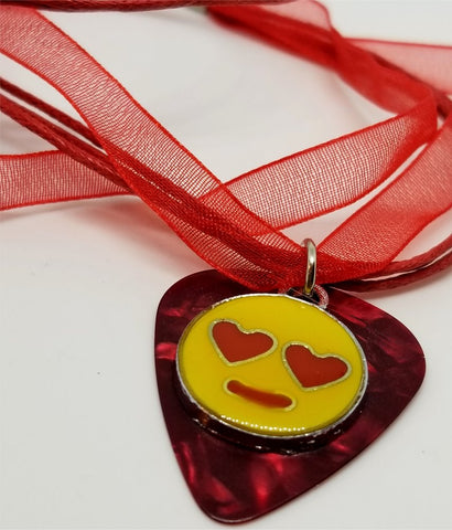 Emoji Charm with a Red MOP Guitar Pick on a Red Ribbon Necklace