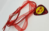 Emoji Charm with a Red MOP Guitar Pick on a Red Ribbon Necklace